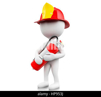 3D Illustration. Feuerwehrmann mit helment und Feuerlöscher. Das Sicherheitskonzept. Isolierten weißen Hintergrund Stockfoto