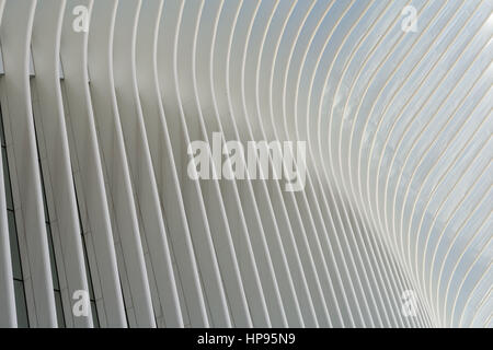 Eine Nahaufnahme der gerippten Flügel des Oculus World Trade Center Transportation Hub in New York City. Stockfoto