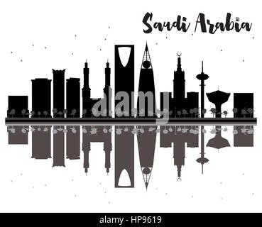 Saudi-arabien Skyline schwarze und weiße Silhouette mit Reflexionen. Vector Illustration. einfache flache Konzept für Tourismus Präsentation, Banner, Plakat Stock Vektor