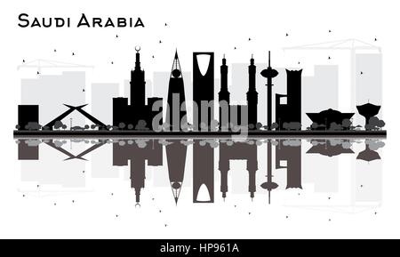 Saudi-arabien Skyline schwarze und weiße Silhouette mit Reflexionen. Vector Illustration. einfache flache Konzept für Tourismus Präsentation, Banner, Plakat Stock Vektor