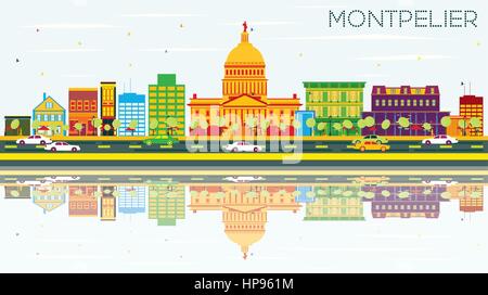 Montpelier Skyline mit Farbe Gebäude, blauer Himmel und Reflexionen. Vector Illustration. Business Travel und Tourismus Konzept. Stock Vektor