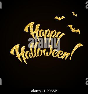 Happy Halloween gold Glitter hand Schriftzug auf schwarzem Hintergrund-Grußkarte Stock Vektor