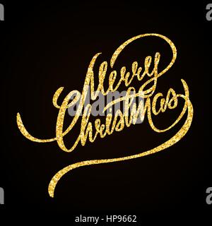 Frohe Weihnachten gold Glitter hand Schriftzug auf schwarzem Hintergrund-Grußkarte Stock Vektor