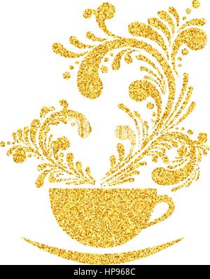 Vektor Gold Glitter funkeln Tasse Kaffee mit blumigen Aroma Muster, Isolated on White Background Stock Vektor