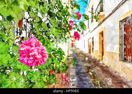 Schöne weiße Wände geschmückt mit bunten Blumen - alten europäischen Stadt Córdoba, Spanien. Moderne Malerei. Gebürstete Kunstwerk basierend auf Foto. Hintergrund Stockfoto