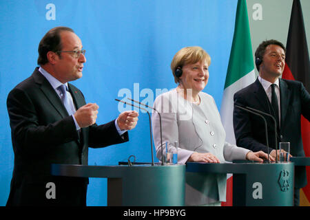 Francois Hollande, BKin Angela Merkel, Matteo Renzi - Treffen der dt. Bundeskanzlerin Mit Dem Italienischen Ministerpraesidenten Und Dem franzoesische Stockfoto