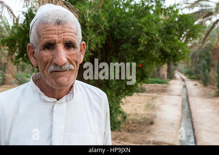 Merzouga, Marokko.  Ältere Amazigh Berber Mann und Bewässerung Kanal mit Wasser zu Farmers Handlungen in der Oase Merzouga. Stockfoto