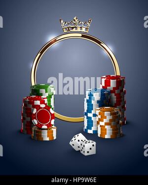 Runde Casino Roulette goldenen Rahmen mit Krone, Stapel Pokerchips und weißen Würfel auf blauen Hintergrund. Gambling Online-Club Vintage Poster. Stock Vektor