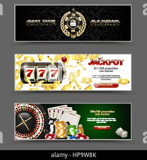 VIP Poker Luxus horizontale Web Banner-Set. Chip-Stack Vektor Online-Casino Club golden Logo Textkonzept. Karte von Royal Poker, Roulette, Würfeln Stock Vektor