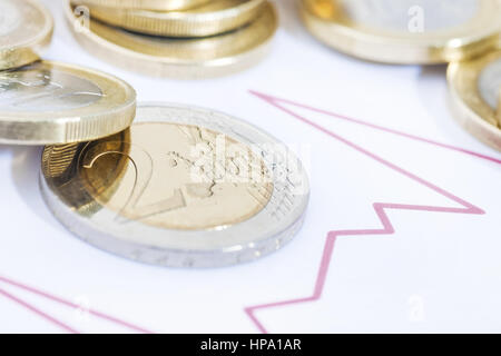 Liegen in bilanzkurve euromuenzen Stockfoto