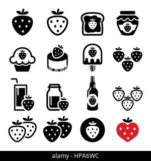 Erdbeere, Mahlzeiten - Speisen und Getränke Icons Set Stock Vektor