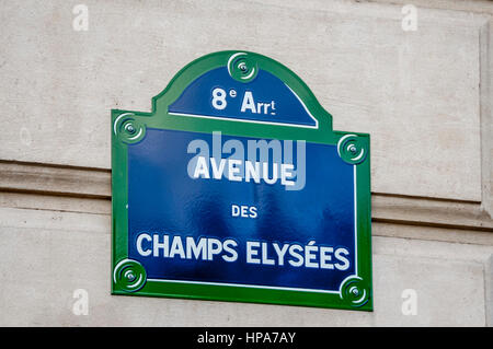 Paris 8e Arrondissement. Straßenschild Champs Elysées. Ile de France. Frankreich. Europa Stockfoto
