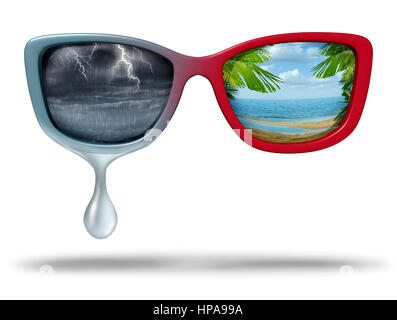 Stimmungsschwankungen und chemisches Ungleichgewicht als eine psychische Störung als Brillen mit dunklen Sturm Wetter und eine andere Seite einen hellen tropischen Strand. Stockfoto
