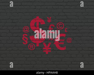 Geschäftskonzept: rotes Finance Symbol Symbol auf schwarz Brick Wand Hintergrund gemalt Stockfoto