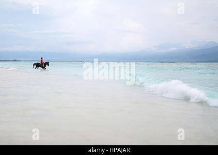 Gili Trawangan, Indonesien - 25. Januar 2017: Mann auf Pferd steht am Ufer teilweise im Wasser des Meeres auf dem Hintergrund der bewölkten Himmel. Editoria Stockfoto