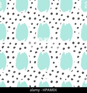 Handgemalte Pinselstriche in Mint grün auf schwarzen und weißen Punkten Hintergrund. Nahtloser abstrakte wiederholenden Hintergrund. Stock Vektor