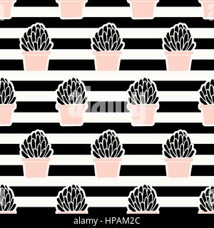 Die Hand gezeichneten nahtlose wiederholenden Musters mit Sukkulenten in schwarz und Pastell rosa auf gestreiften Hintergrund. Stock Vektor