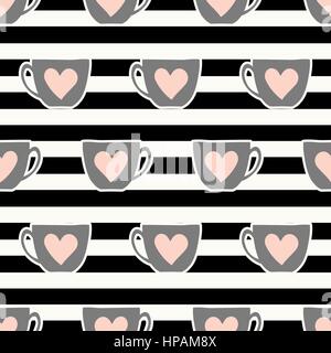 Nahtlose wiederholendes Muster mit niedlichen Cups in grau und Pastell rosa gestreiften Hintergrund. Stock Vektor