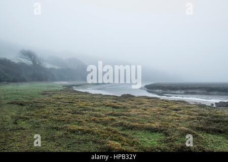 UK Wetter nebligen Tag. Gannel Mündung Newquay Cornwall Stockfoto