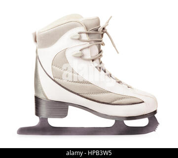 Seitenansicht der weiße Schlittschuhe isoliert auf weißem Hintergrund Stockfoto