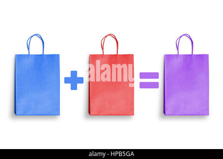 Rabatt, sparen, Einkaufen Geschenk Förderung mit bunten Einkaufstüten. Leeren Raum auf Taschen für Texteingabe. Stockfoto