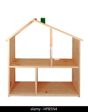 Modell des Holzhauses isoliert auf weißem Hintergrund. Holzhaus auf weißem Hintergrund. Stockfoto