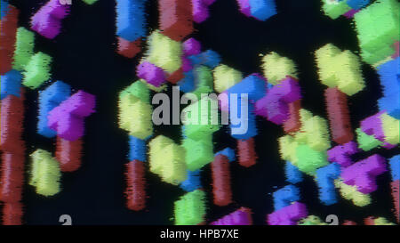 3D-Rendering 3d Blocks von Retro-Tetris-Spiel auf einem verblichenen Bildschirm mit TV-Lärm. Stockfoto