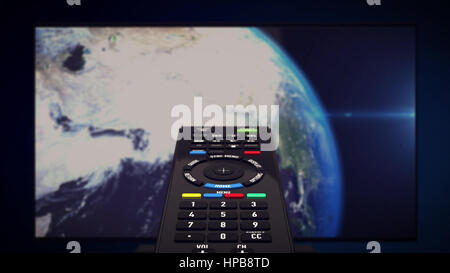 3D-Rendering der Infrarot-Fernbedienung. Fernseher mit Erde im Hintergrund. Computer generiert. Stockfoto