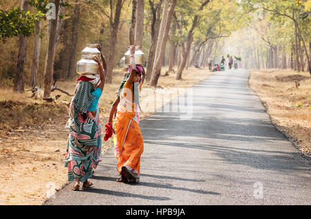 Indische Frauen, die Kürbisse auf dem Kopf zu Fuß entlang der Straße, Bundesstaat Maharashtra, Indien Asien Stockfoto