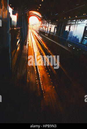 digitale Malerei zeigt Bahnhof mit Sonnenuntergang Stockfoto