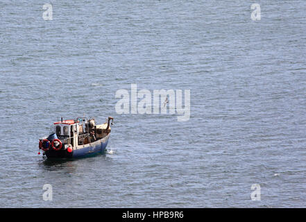 Eine einsame Boot Fischen vor der Küste von Weymouth, Dorset, England, Europa Stockfoto