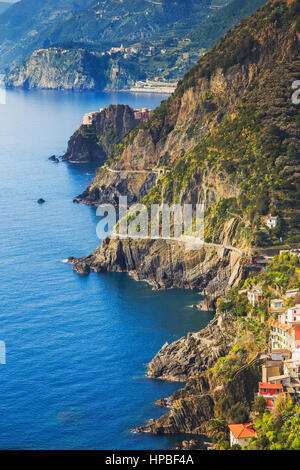 Via Dell Amore Luftaufnahme, The Art of Love, Verknüpfung von Manarola und Riomaggiore. Nationalpark Cinque Terre, Ligurien Italien Europa. Stockfoto