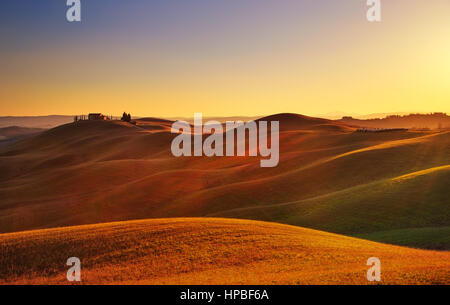 Toskana, Landschaft im Land der Crete Senesi. Rolling Hills, Landschaft Bauernhof, Zypressen Bäumen, grünen Wiese auf warmen Sonnenuntergang. Siena, Italien, Europa. Stockfoto