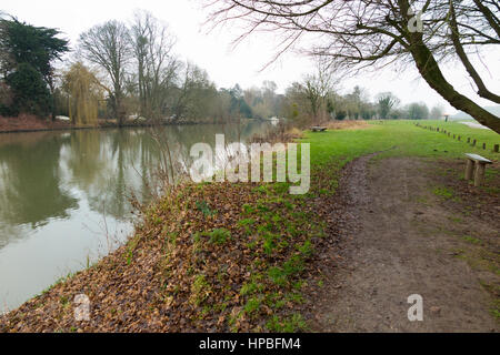 Die Themse und Runnymede Wiese / Flut schlicht an einem kalten feuchten grauen Wintertag / Wintertag, mit schlammigen Pfad / Fuß Weg. Runnymede, Surrey. VEREINIGTES KÖNIGREICH. Stockfoto