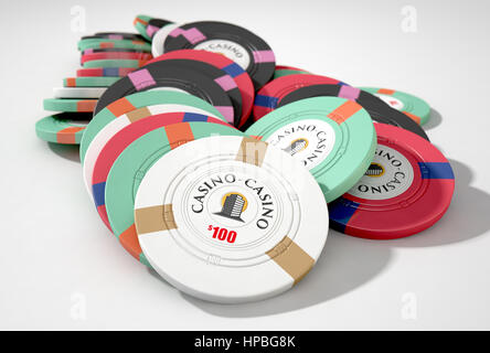 Einem gefallenen Stapel verschiedener Werte von Casino-Chips auf einem isolierten weißen Hintergrund - 3D render Stockfoto