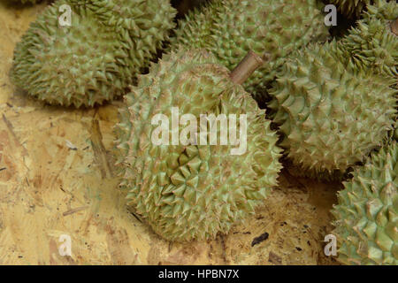 Haufen von Reifen Mon Thong Durian-Früchten Stockfoto