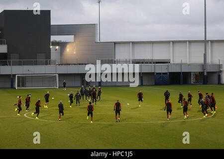 Manchester, UK. 20. Februar 2017. Manchester City-Spieler während des Trainings vor Manchester Citys UEFA Champions League Spiel gegen Monaco, im Akademie-Stadion am 20. Februar 2017 in Manchester, England. Bildnachweis: Daniel Chesterton/Alamy Live-Nachrichten Stockfoto