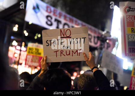 London, UK. 20. Februar 2017. Menschen versammelten sich am Parliament Square Protest gegen Brexit und Donald Trump Staatsbesuch in Großbritannien vorgeschlagen. Ein Demonstrant hält eine Plakat-Lesung: "Kein Staatsbesuch für Trump". Banner "verteidigen, Migranten, stoppen Trump" im Hintergrund zu inszenieren. Bildnachweis: ZEN - Zaneta Razaite/Alamy Live-Nachrichten Stockfoto