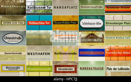 Die Collage zeigt die verschiedenen Stationsnamen der fünfundzwanzig u-Bahn-Stationen in Berlin (Deutschland), zwischen 13. Mai und 25. Mai 2014 fotografiert. Es gibt insgesamt 173 u-Bahnstationen in der deutschen Hauptstadt, von die viele in verschiedenen Farben gestaltet sind. Foto: Hauke-Christian Dittrich/Dpa | weltweite Nutzung Stockfoto