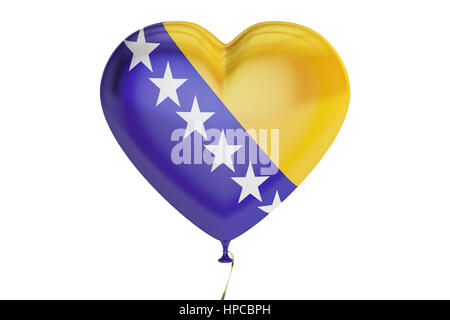 Ballon mit Bosnien und Herzegowina Fahne in der Form von Herzen, 3D-Rendering isolierten auf weißen Hintergrund Stockfoto