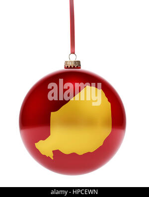 Eine hängende glänzend rote Christbaumkugel mit der goldenen Form des Niger. (Serie) Stockfoto