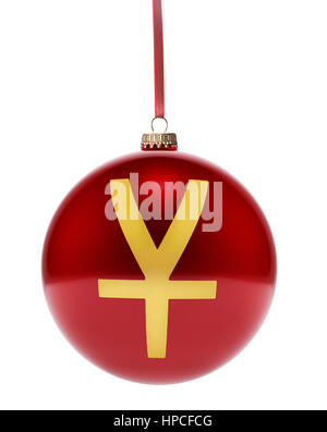 Eine hängende glänzend rote Christbaumkugel mit der goldenen Form eines Yuan-Symbols. (3D Illustration) Stockfoto