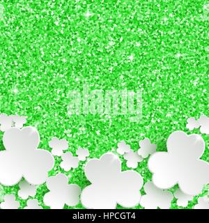 St. Patricks Day Grußkarte, Urlaub Glitter Staub funkeln grün Hintergrund mit weißen Papierblumen Klee, Vektor-Illustration mit Platz für text Stock Vektor