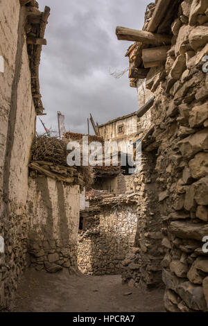 Traditionellen Steinhäusern in Muktinath Ortschaft in Upper Mustang, Nepal Stockfoto