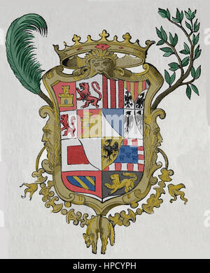 Wappen von Don John von Österreich (1547 – 1578). Kupferstich, 19. Jahrhundert. Stockfoto