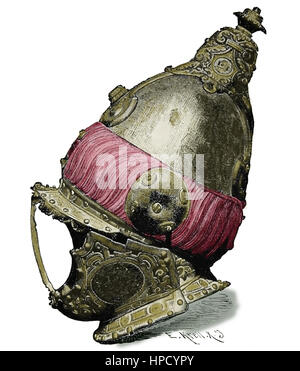 Armet, türkische Helm aus der Seeschlacht von Lepanto 1571. Gravur. Stockfoto