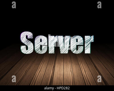 Web-Design-Konzept: Glowing Text Server in Grunge dunklen Raum mit Holzboden, schwarzem Hintergrund Stockfoto