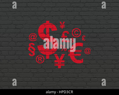 Aktuelles Konzept: rotes Finance Symbol Symbol auf schwarz Brick Wand Hintergrund gemalt Stockfoto