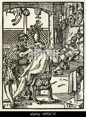 "Die Friseure" Holzschnitt von Jost Amman (1539-1591) aus einer Reihe Darstellung Berufe und Berufe zuerst veröffentlicht in "Das Ständebuch" 1568 in Frankfurt am Main, Deutschland. Stockfoto