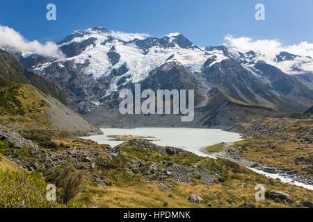 Aoraki/Mount Cook Nationalpark, Canterbury, Neuseeland. Blick über Mueller See bis zu den verschneiten Hängen des Mount Sefton. Stockfoto